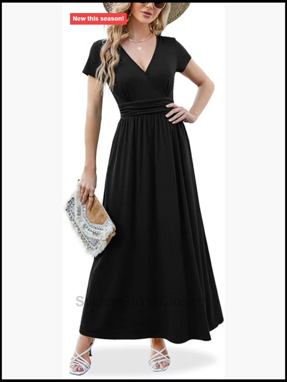 Empire Waist V Neck Maxi Dress Short Sleeve Flowy Long Dress with Pockets